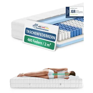 AM Qualitätsmatratzen 7 Zonen Taschenfederkernmatratze 90x200cm H3 - Made in Germany - Ergonomische Federkernmatratze 90x200 mit waschbarem Bezug - Oeko TEX zertifizierte Matratze 90x200 20cm hoch