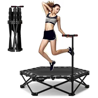 Fitness Trampolin Indoor für Zuhause,106cm Mini Trampolin mit Höhenverstellbaren Haltestangen, Belastbarkeit 150kg, für Fitness und Aerobic Training Geeignet, Faltbar und Tragbar