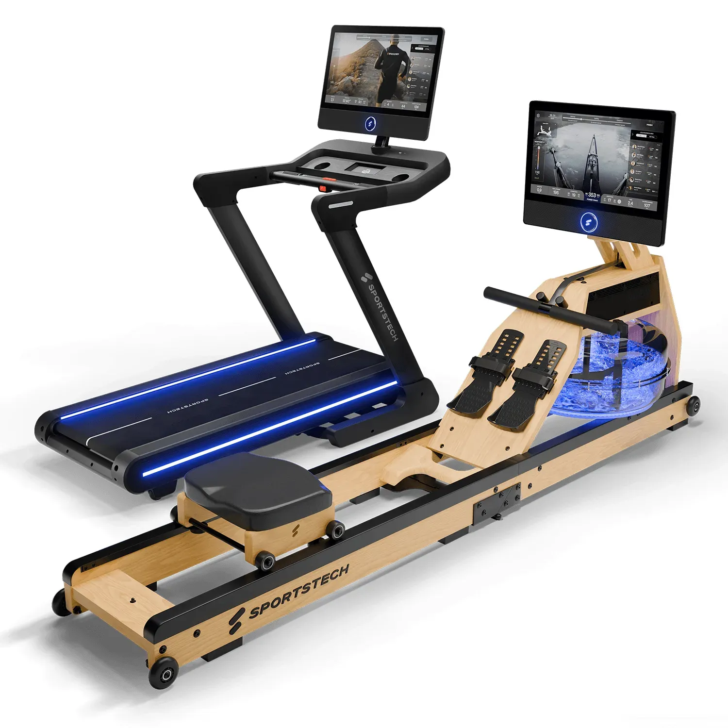 Sportstech Bundle AquaElite + sTread‐Pro, Wasser‐Rudergerät & Profi‐Laufband mit 21,5" Display, LED & App‐Kompatibel für Home Gym