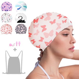 Crazy Bean Silikon Badekappe Damen Schwimmkappe mit Ohrstöpsel und Nasenklemme Dehnbare Bequeme für langes Haar Mode Swim Cap(Schmetterling-Rosa)