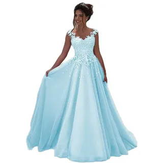 Beyonddress Damen Tulle Abendkleider Lang Hochzeit Spitze Prinzessin Ärmellos Brautkleid Ballkleider(Hellblau,34) - 34