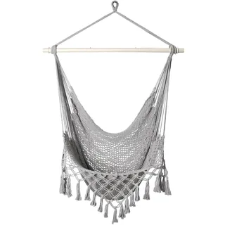 Bathonly Handgewebter Hängesessel aus Baumwollseil mit Spreizstange aus Metall, Boho Hängestuhl, Hängeschaukel mit Quaste für Schlafzimmer, Drinnen und Draußen, bis 120 Kg Belastbar, Grau