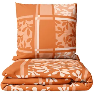 Leonado Vicenti Winterbettwäsche Biber 135x200 cm Kissenbezug 80x80 cm Orange Weiß gestreift kariert Reißverschluss pflegeleicht warm für kalte Wintertage 2 teilig