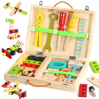TONZE Werkzeugkoffer Kinder Spielzeug ab 3 Jahre Junge Mädchen Holzspielzeug