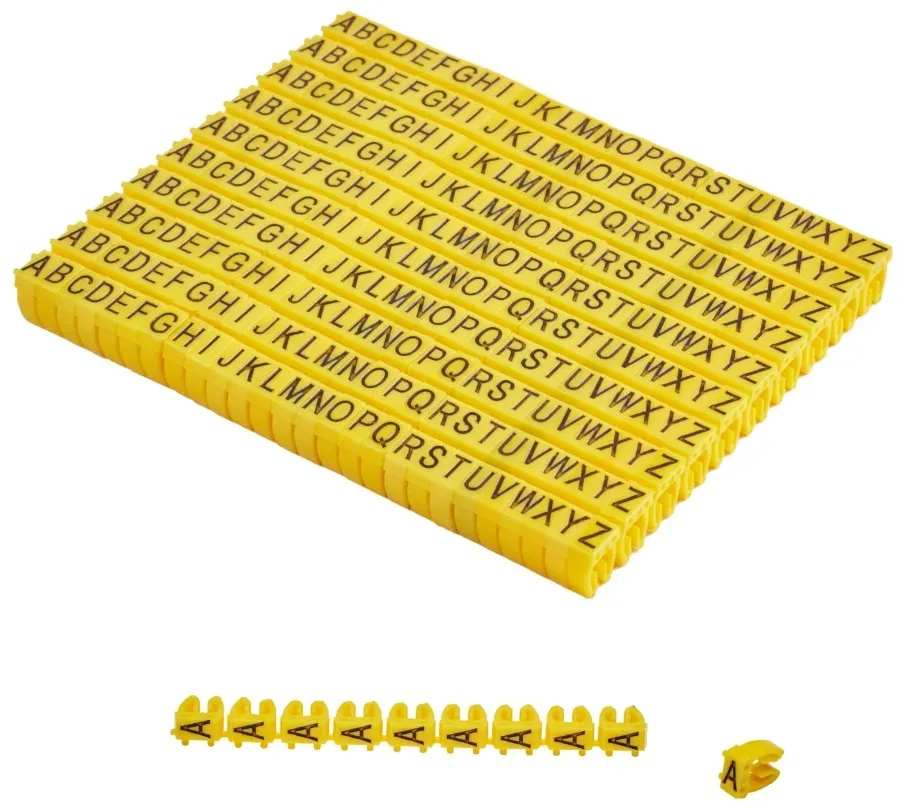 Offgridtec Kabelmarker Clips A–Z, 260 Stück, für 2,5 mm2 Kabel, je 10x Buchstaben, gelb
