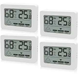 Digital Thermometer Hygrometer Innen, 4er Mini Luftfeuchtigkeitsmesser Raumthermometer Innen mit Smiley-Indikator, Temperatur Zimmerthermometer für Babyraum Wohnzimmer Raum Büro, Weiß