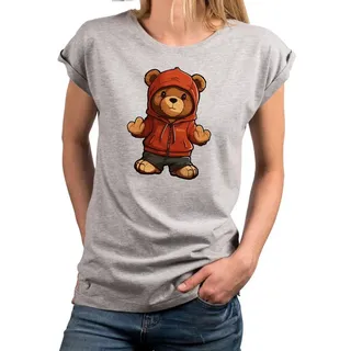 MAKAYA Print-Shirt Damen Kurzarm Teddybär coole lustige freche sexy Sommer Tops Teddy grau S