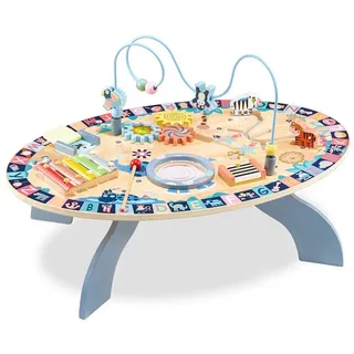Mamabrum 7-in-1 Lerntisch aus Holz – Interaktiver Montessori Aktivitätstisch für Babys ab 6 Monaten – Motorikspielzeug mit Trommel, Labyrinth & Zahnrädern (67,5 x 47 x 42 cm)