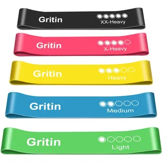 Gritin Fitnessbänder [5er Set] Widerstandsbänder mit 5 Stufen, 100% Latex Fitnessband Resistance mit Deutscher Übungsanleitung & Tragebeutel für Muskelaufbau, Yoga, Crossfit, Gymnastik usw.