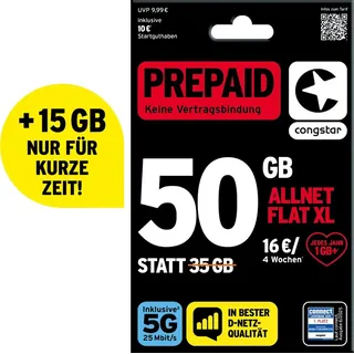 congstar Prepaid Allnet XL: 50 statt 35 GB Datenvolumen & Flatrate für Telefonie und SMS, 5G-Speed, EU-Roaming