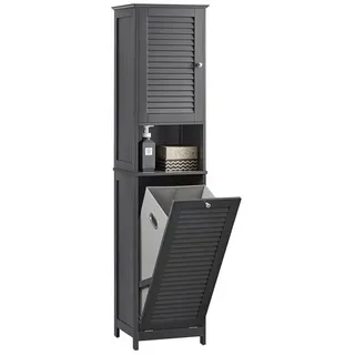 SoBuy Hochschrank BZR124, Badschrank schmal, Badschrank mit Regal, Badezimmer Schrank Badezimmerschrank mit Wäschesack Wäscheschrank Badezimmermöbel grau