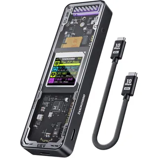 DOCKCASE Explorer Edition Smart M2 SSD Gehäuse - 10s Stromausfallschutz, NVMe Gehäuse, SSD-Gesundheitserkennung, Zwei Type-C-Anschlüsse USB-C 3.2 Gen 2 (10Gbps) für NVMe SSDs bis zu 4TB Schwarz
