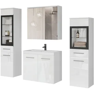 WELLTIME Badmöbel-Set »MADRIT II, Schrank mit Waschbecken, 2 Hänger, Spiegelschrank«, (Komplett-Set, 5 St.), Hängende Badmöbel mit Glaseinsätzen – in vielen Farben erhältlich, weiß