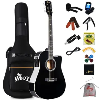 Winzz Elektro Akustik Gitarre Western 4/4 Anfänger Erwachsene Kinder (Rechtshänder Schwarz-Glänzend)