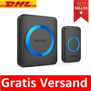 TeckNet Funkklingel, IP65 Funk klingel Set Aussen Wasserdicht, Kabellose Türklingel 400m Reichweite, Haustür Klingel kit mit 1 Plug-In-Empfänger und 1 Sender, 60 Melodien doorbell Mit LED-Blitz