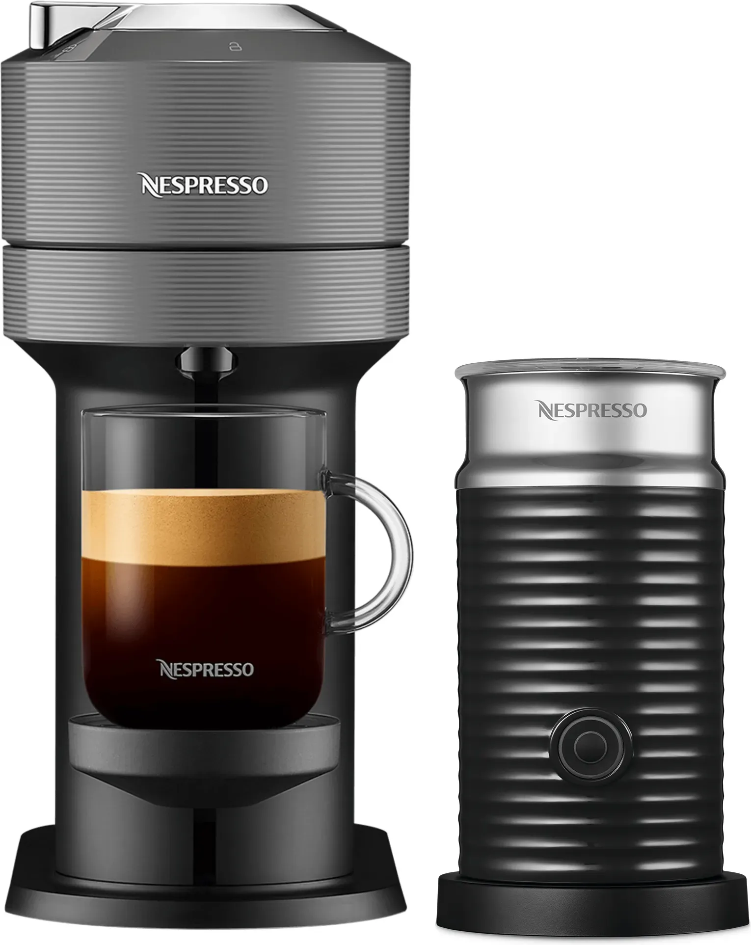 Nespresso VERTUO Next Dark Grey & Aeroccino 3 schwarz Vertuo Kaffeemaschine