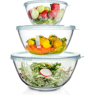WhiteRhino Glas Rührschüssel mit Deckel, 3er-Set (4,2L, 2,5L, 1L), Große Rund Salatschüsseln für die Küche,Salatschüssel mit Deckel, Kochen,Backen,Vorbereiten, spülmaschinenfes