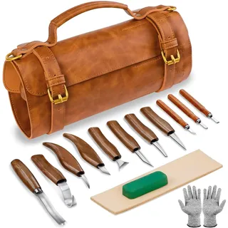 Holzschnitzmesser-Set, 15-in-1-Deluxe-Holzschnitzset aus PU-Leder, Holzschnitzmesser, Holzschnitzmesser für Anfänger, 6 Schnitzmesser, Handschuhe, PU-Ledertasche, Schärfer