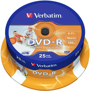 Verbatim DVD-R Wide Inkjet Printable 4.7GB I 25er Pack Spindel I DVD Rohlinge bedruckbar I 16-fache Brenngeschwindigkeit & Hardcoat Scratch Guard I DVD-R Rohlinge printable I DVD leer, 1206436, Spindle, 25 St. bedruckbar