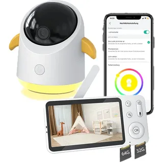 BOIFUN Video-Babyphone Babyphone mit 2 Kameras 2K/3MP, 5 Zoll WiFi Video Babyphone PTZ 355°, R Nachtsicht, Nachtlicht, Schlaflieder,Temperaturanzeige, 1-tlg., unterstützt Mobile App Steuerung,4×Zoom, Weinen/Bewegungs/Geräuscherkennung, Temperaturerkennun
