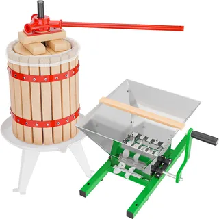 Wiltec Set 6L Obstpresse aus Buchenholz inkl. Presstuch und Obstmühle mit 7L Trichter, Zur Herstellung von Saft Wein und Maische