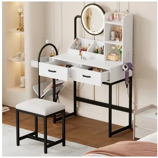 Flieks Schminktisch, Frisiertisch mit Hocker & drehbarem Spiegel & Steckdosen 80x40x138.5cm schwarz