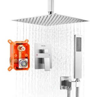 Vevor Duscharmatur Regenduschsystem für Badezimmer Duschsystem mit 305 mm quadratischem Regenduschkopf & Handbrause, Deckenmontage Badezimmerarmaturen mit Messingventil & Zierset, gebürstetes Nickel