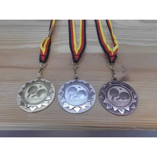 Fanshop Lünen Tischtennis 3 Stück Medaillen aus Metall 40mm - Gold, Silber, Bronze, TT - mit Emblem 25mm - mit Medaillen-Band - Turnier - (e104)