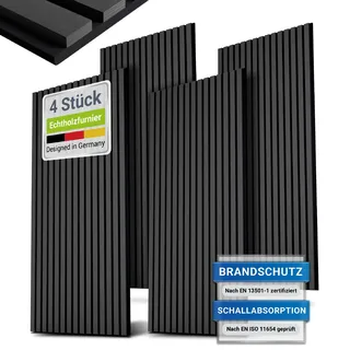 Juskys Wandpaneele Akustik 4er Set 2,88 qm - Holzfurnier - reduziert Hall und Lärm - Eiche Dunkelgrau,
