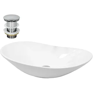 LuxeBath Waschbecken Keramik 640x365x130 mm oval Weiß mit Ablaufgarnitur Silber, Kieselstein Form, Aufsatzwaschbecken für Badezimmer/Gäste-WC, Modernes Aufsatzbecken, Waschtisch Waschschale Waschplatz