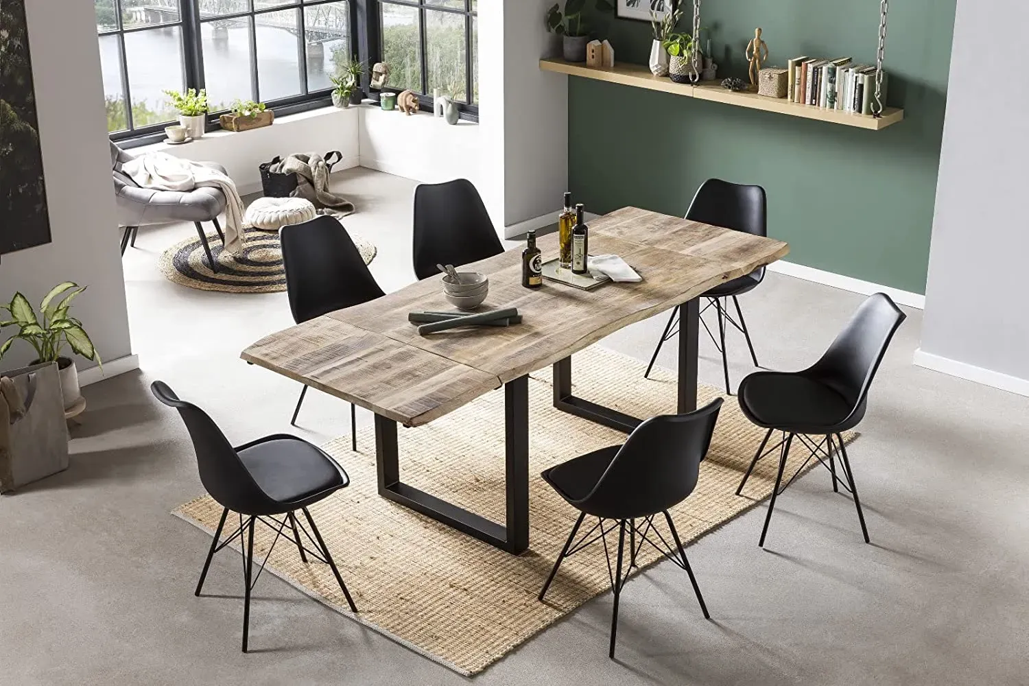 Essgruppe Baumkantentisch Mango mit Ansteckplatten 220(300)x100 cm U-Gestell 7tlg. NOAR III