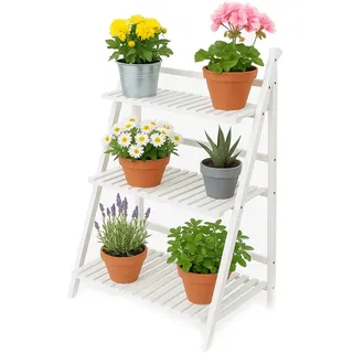 Cocoarm Blumentreppe Weiß Draußen Blumenregal Pflanzenregal Balkon Pflanzentreppe 3 Ebenen Blumenständer Blumenleiter Ablageregal Gartenregal Bambus Indoor Outdoor Garten 70 x 40 x 96 cm (Weiß)
