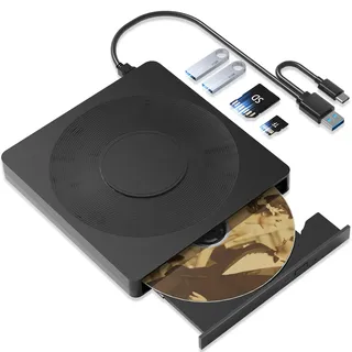 Wbacon External CD/DVD Drive for Laptop, LightScribe External DVD Drive with SD/TF Port CD Burner DVD Player USB 3.0/Type C, CD Rome External Drive CD Drive for PC Laptop Windows Linux