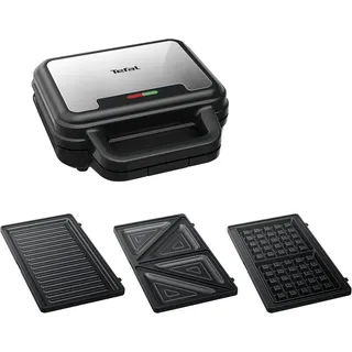 Tefal Ultracompact 3-in-1 Sandwich-Waffel-Panini Kombigerät, Antihaftbeschichtung, wärmeisolierter Griff, Edelstahl/Schwarz, SW383D10