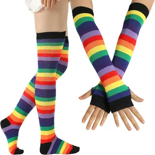 JINGLING Gestreifte Socken Kniestrümpfe Damen - Regenbogen Beinstrümpfe und Armstulpen Set, Overknee Gestreiftes Kostümzubehör für Herren Damen Kinder