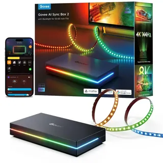 Govee HDMI 2.1 Sync Box Kit 2, inkl. TV Hintergrundbeleuchtung, AI Sync Box, unterstützt 8K@60Hz, 4K@144Hz, VRR und ALLM, funktioniert mit Matter, RGBIC LED Strip für 55-65 Zoll Fernseher, 75 LEDs/m