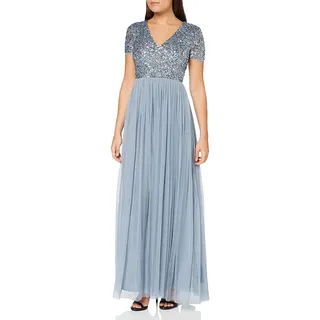 Maya Deluxe Damen Ballkleid Abendkleid V-ausschnitt Maxi Länge Pailletten Kurze Ärmel Für Hochzeit Geburtstag Brautjungfer Bridesmaid Dress, Blau, 46 EU - 46