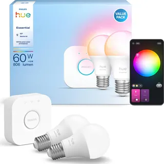 Philips Hue Essential Starter Kit Hue Bridge + 2 x Essential E27 smarte Lampe + Dimmer Switch