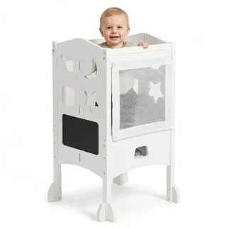 BabyBeFun Stehhilfe Lernturm ab 1 Jahr - [Extra Sicher] klappbar inkl. Sicherheitsnetz, 360° Schutz durch Sicherheitsnetz, Klappbar, Extra Sicher und Stabil weiß