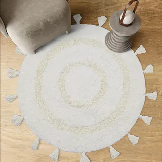 TOPSMCHER Runder Badteppich, Boho-Badteppich mit handgefertigten Quasten, 100 % Baumwolle, Bodenteppich, 70 x 70 cm, elfenbeinfarben, rutschfest, waschbar, Duschmatte, dekorativer Bodenteppich für