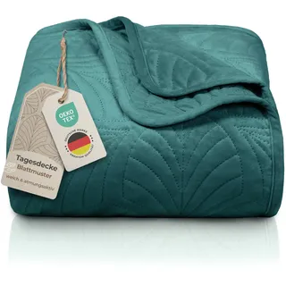 Gräfenstayn Premium Tagesdecke 200x220 cm – Bettüberwurf mit Nahtloser Steppung & Blatt-Design – Samt-Decke – weich, knitterfrei & pflegeleicht – Überwurf für Bett & Sofa (dunkelgrün)