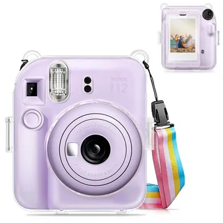 Fintie Hülle für Fujifilm Instax Mini 12 Sofortbildkamera - Transparent Hart Schutzhülle mit Film Tasche und Abnehmbaren Regenbogen Riemen, Crystal