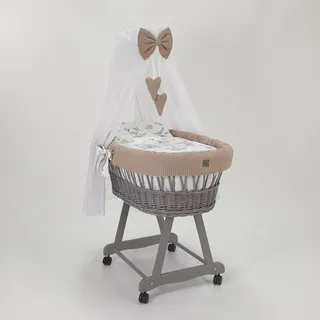 Stubenwagen Moseskorb Grau Lena Matratze Baldachin und Bettwäsche, Beige Safari