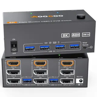 KVM Switch 3 Monitore 2 Computer 4K@144Hz 8K@60Hz, Displayport + HDMI USB3.0 KVM Switches mit 4 USB 3.0 Anschlüssen, kabelgebundener Fernbedienung, Netzteil und USB3.0 Kabel im Lieferumfang enthalten