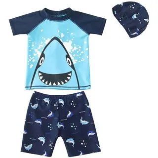 FedMois Kleinkinder Jungen Badeanzug 3-teiliges Schwimmkleidung Set Badeshirt Badeshorts Bademütze, Haie Blau, 122/128 - 122-128