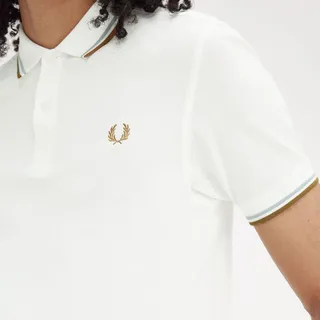 Fred Perry Polo Shirt T-Shirt Hemd Schwarz Gelb gestreift Kragen - L - Weiß-Blau-Karamell