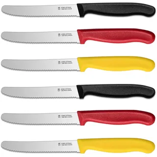targzier Tafelmesser 6 Stück Dreifarbig,Extra Scharfe Klinge Bunt Messer,Tomatenmesser mit Wellenschliff,11 cm,Rostfreier Stahl Frühstücksmesser,Kunststoffgriff,Spülmaschinenfest(Schwarz,Rot,Gelb)