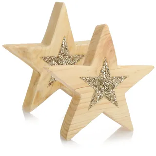 COM-FOUR® 2X Stern aus Holz - Dekostern aus massivem Holz - rustikaler Stil - Dekoration für Winter und Weihnachten - je 20cm (02 Stück - mittel - mit Glitzer)