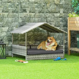PawHut Rattan Hundehaus Hundebett mit Kissen Hausform Outdoor Hundehütte Grau