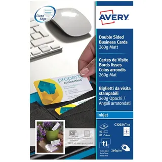 AVERY Zweckform C32024-10 Premium Visitenkarten, blanko (80 Stück, 260g, 85x54 mm, beidseitig bedruckbar, matt weiß, abgerundete Ecken, glatte Kanten, 10 Blatt) zum Selbstbedrucken auf Inkjet-Drucker